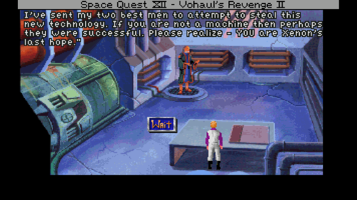 Durch eine Hologrammbotschaft erfahren wir, warum es mit Wilcos Heimatplaneten Xenon bergab ging. So viel sei verraten: Schuld ist der Virus auf einer Diskette eines Leisure-Suit-Larry-Spiels! (Bild: Sierra / Activision / Screenshot: Medienagentur Plassma / Sönke Siemens)